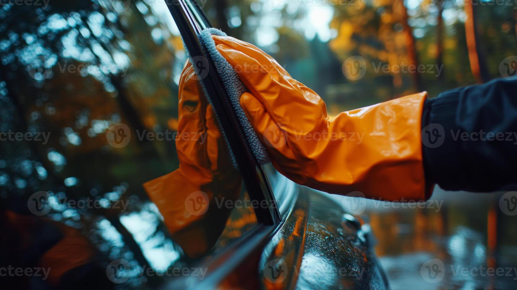 A person cleans the window of a car using a cloth while wearing bright orange gloves. The setting features a backdrop of lush greenery and soft sunlight filtering through the trees during spring. photo