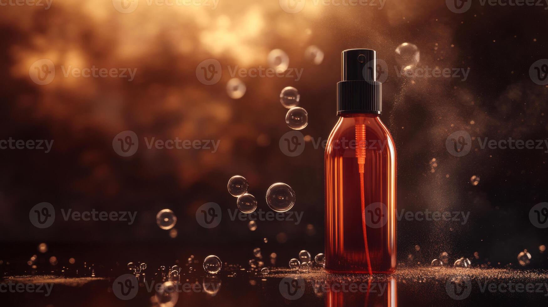 A brown spray bottle stands on a dark surface, surrounded by floating bubbles. The warm and soft lighting enhances the focus on the bottle, creating a fresh atmosphere for spring cleaning. photo