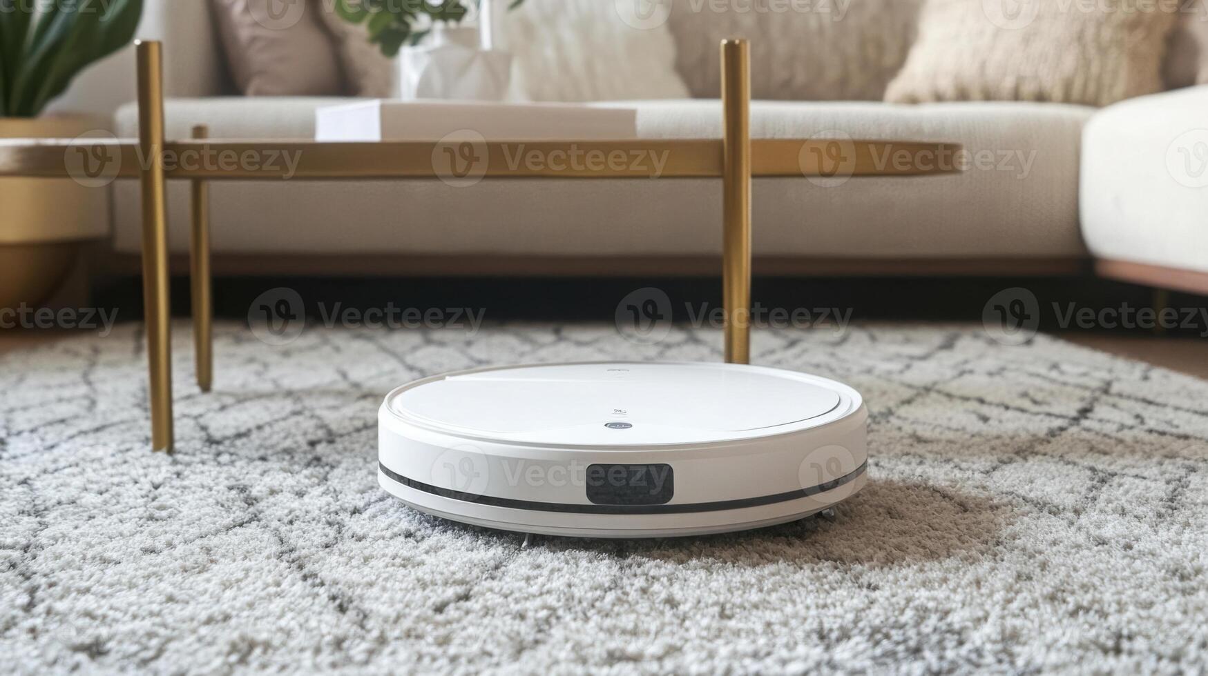 A robot vacuum navigates across a plush area rug in a stylish living room, surrounded by decor and bright natural light. It's spring cleaning time, making daily chores easier and more efficient. photo