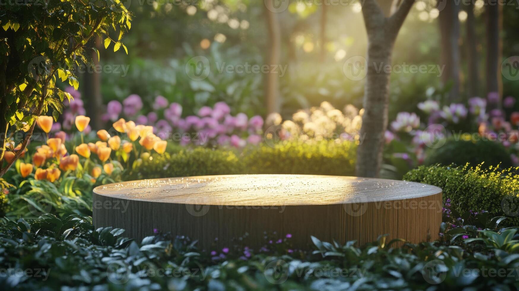 A wooden podium rests in a blooming garden during spring. Surrounded by colorful flowers and lush greenery, sunlight filters through the trees, creating a peaceful atmosphere perfect for events. photo
