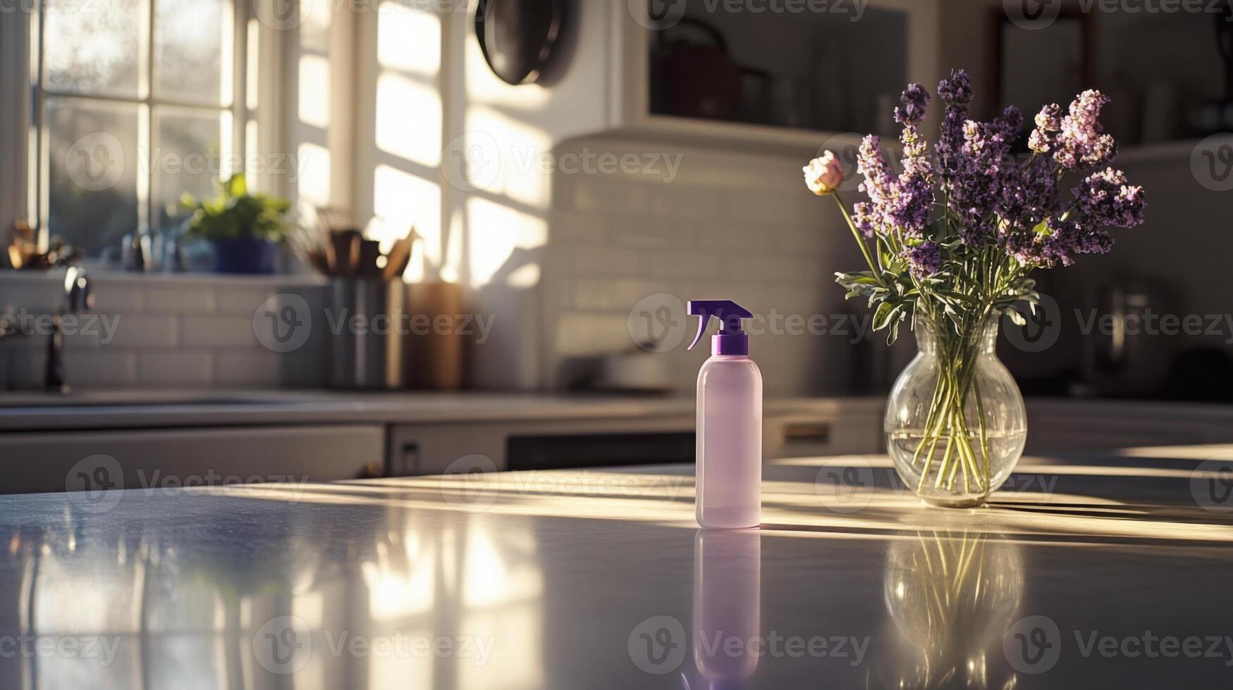 A kitchen is illuminated by sunlight, featuring a glass vase of fresh flowers and a spray bottle on the countertop, symbolizing the refreshing spirit of spring cleaning. photo
