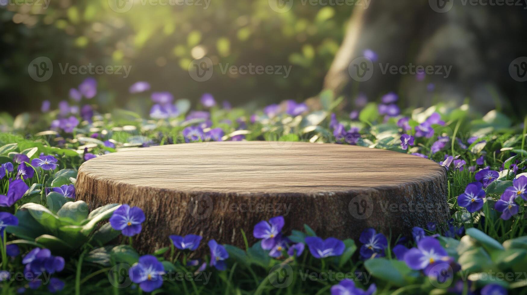 A natural podium made of wood sits amidst a lush greenery adorned with beautiful purple flowers in springtime. Sunlight filters through the trees, creating a tranquil atmosphere. photo
