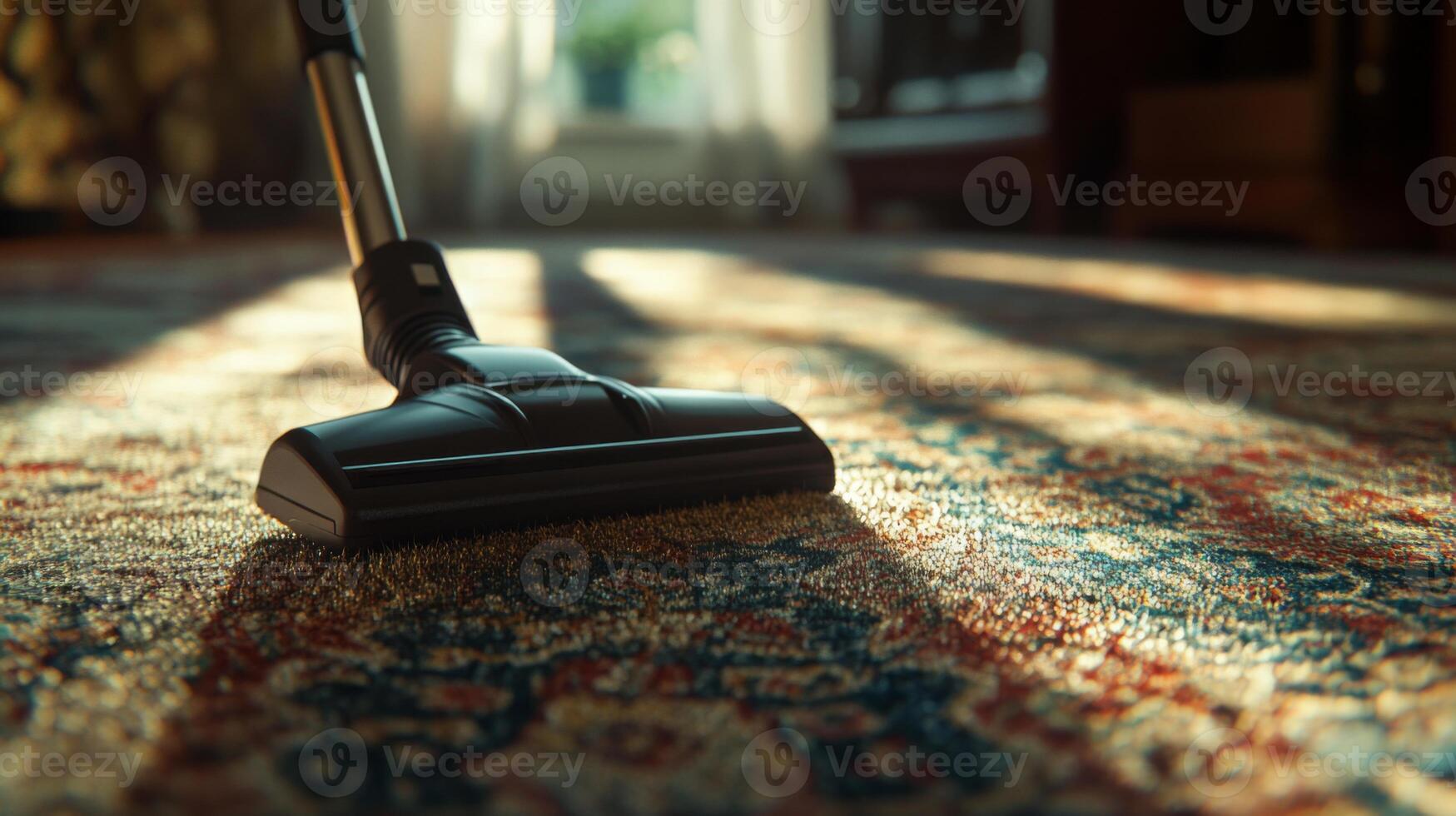 A vacuum cleaner is seen on a vibrant rug in a brightly lit room. Sunlight filters through the windows, highlighting the intricate patterns of the rug as spring cleaning begins, refreshing the space. photo