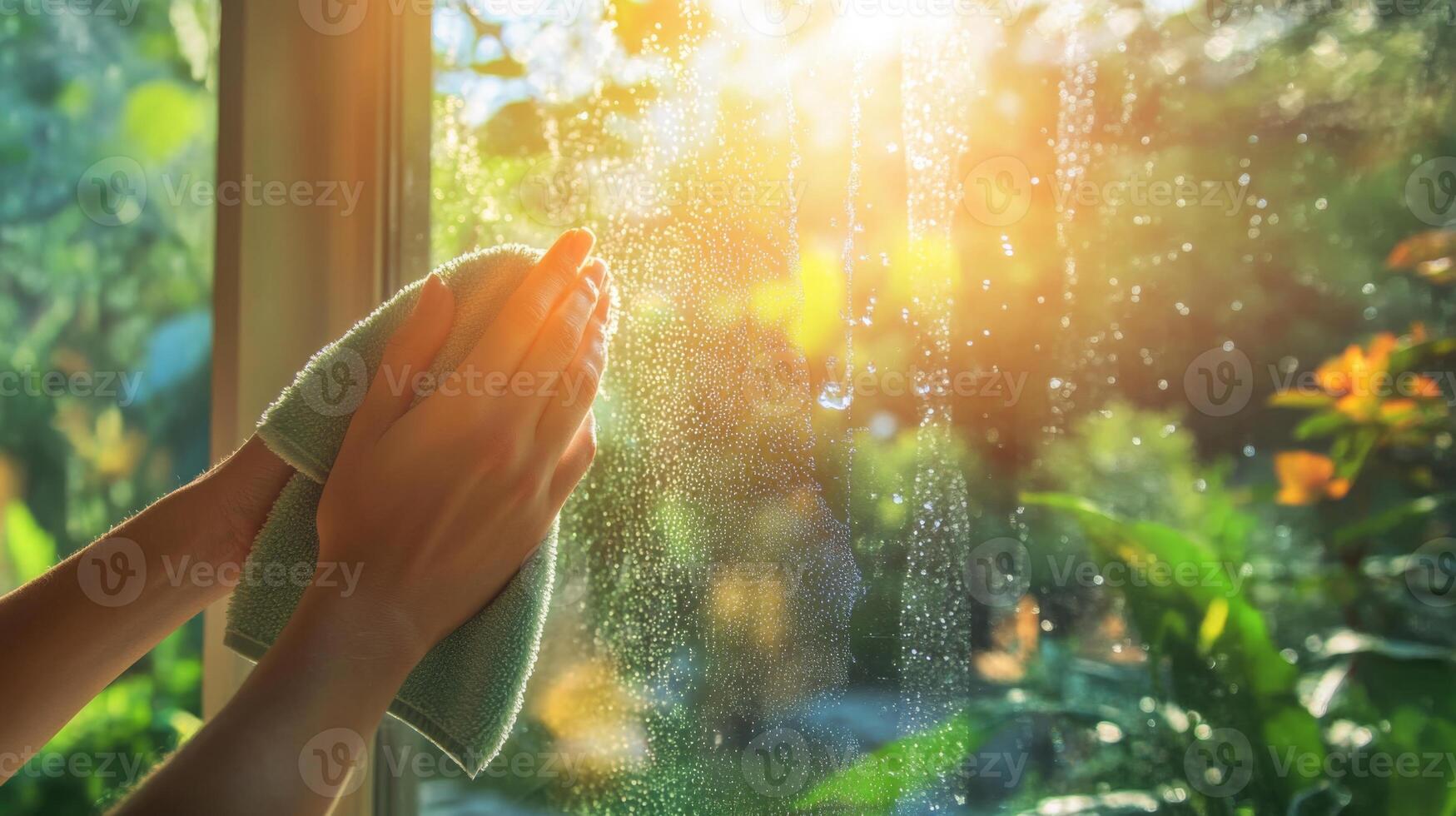 Hands gently wipe a foggy window as sunlight streams through, illuminating the vibrant greenery outside. The scene captures the essence of spring cleaning and a fresh start. photo