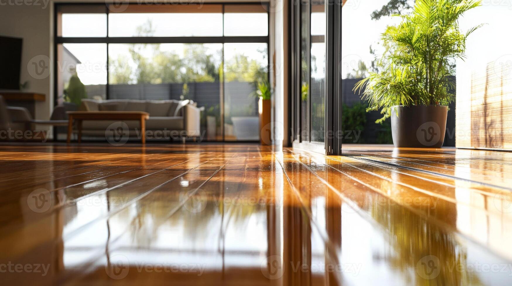 Sunlight floods a tidy living room where wooden floors shine after a thorough spring cleaning. Lush green plants add vitality to the space, creating a welcoming and fresh atmosphere. photo
