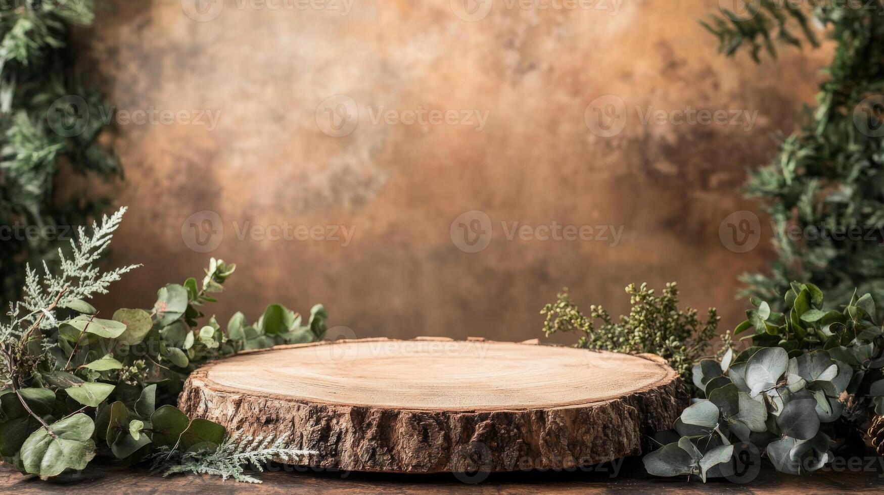 This spring-inspired podium is adorned with fresh greenery, creating a vibrant atmosphere. The natural wood base adds an organic touch, perfect for presentations or displays in a lively setting. photo