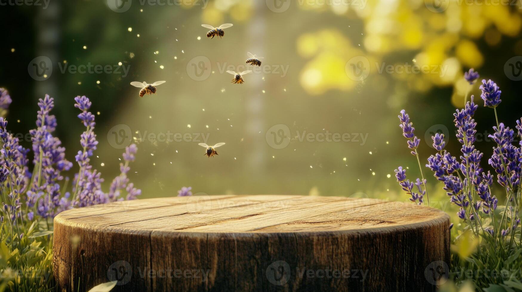Bees buzz actively around a natural wooden podium, surrounded by vibrant lavender in a sunlit spring garden. The golden light highlights the beauty of nature and the importance of pollinators. photo