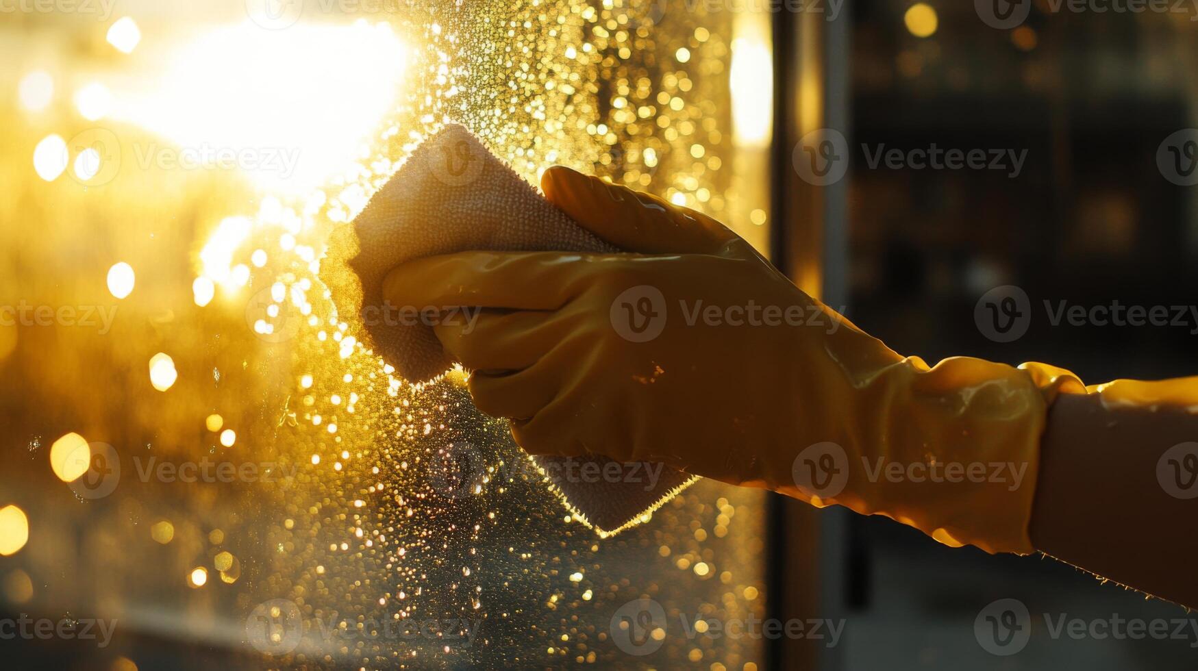 A person wearing yellow gloves is cleaning a window with a cloth, as warm sunlight streams through, showcasing the joy and renewal of spring cleaning activities. photo