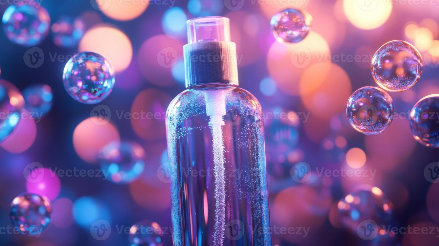 AI-powered spring cleaning tools enhance the cleaning experience with efficiency and ease. Colorful bubbles surround a sleek spray bottle, illustrating the freshness of a clean environment. photo