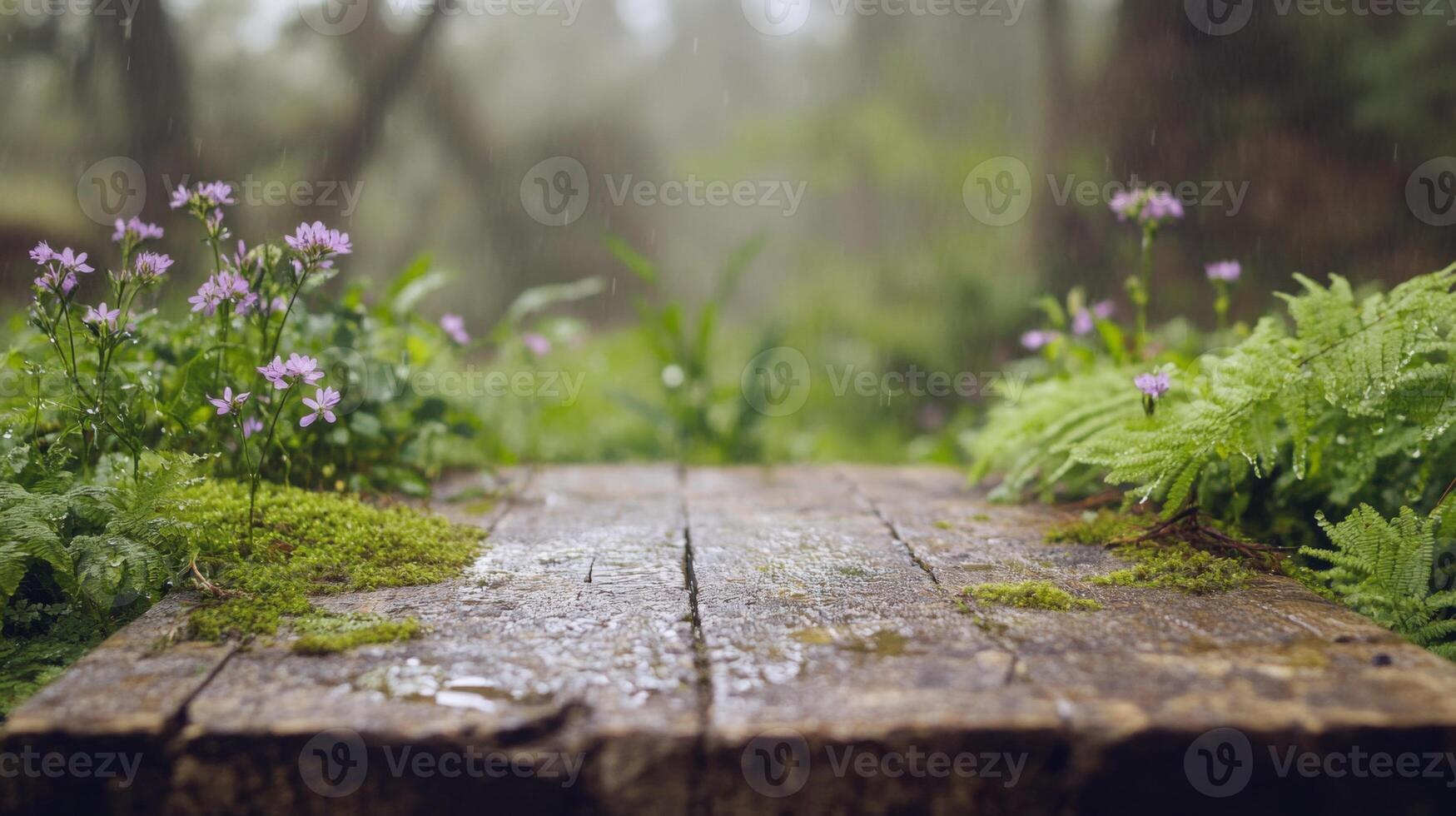 A wooden podium stands in the heart of a misty forest, adorned with delicate purple flowers and surrounded by lush ferns. photo