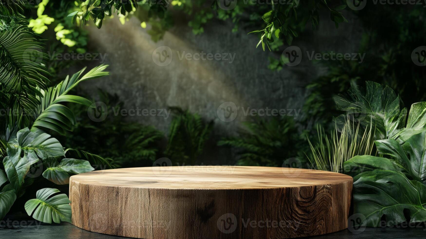 A wooden podium sits in a vibrant spring setting, surrounded by rich green foliage. Gentle sunlight filters through the leaves, creating a tranquil atmosphere ideal for presentations or displays. photo