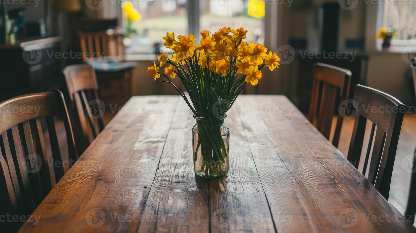 A wooden dining table is adorned with a mason jar holding vibrant yellow daffodils, bringing a cheerful touch to the room. Natural light fills the space, enhancing the spring atmosphere. photo