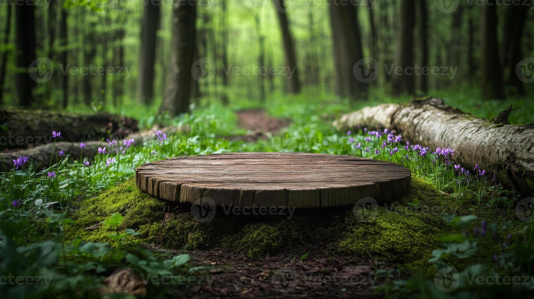 A wooden podium sits on a mossy platform amidst a tranquil forest in spring. Colorful wildflowers bloom around the base, creating a serene and enchanting atmosphere. photo