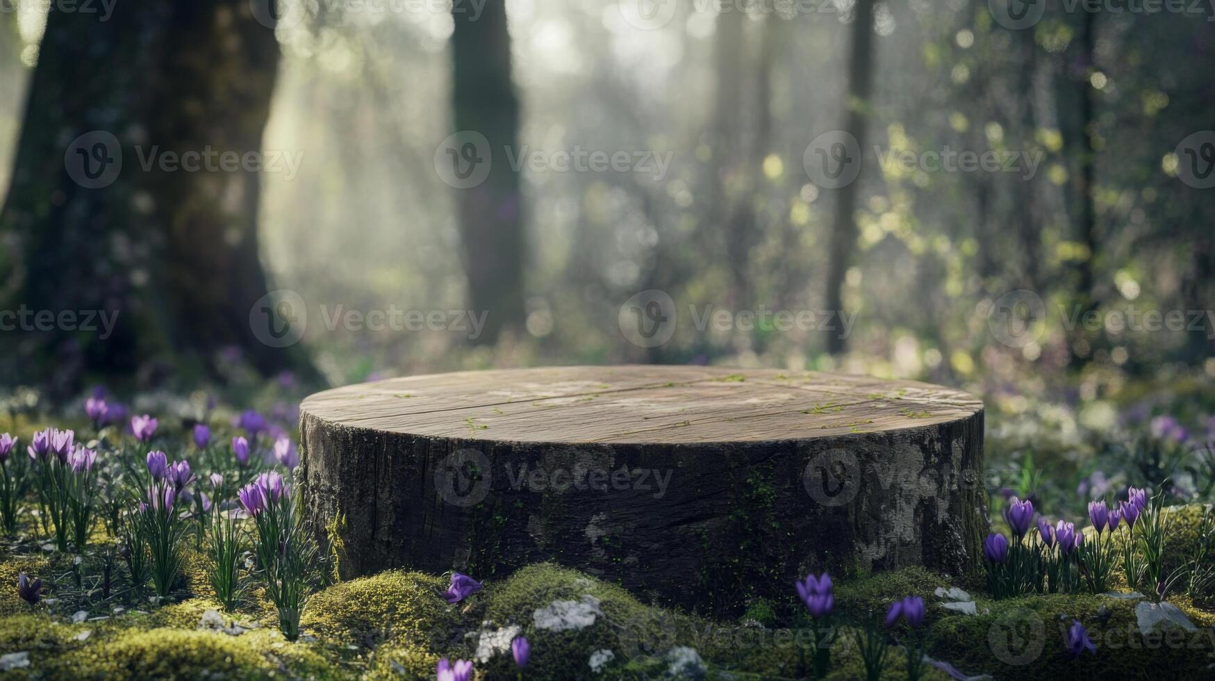 A wooden podium rests in a serene forest clearing during spring. Purple flowers spring up around it as sunlight filters through the trees, creating a tranquil and inviting atmosphere. photo