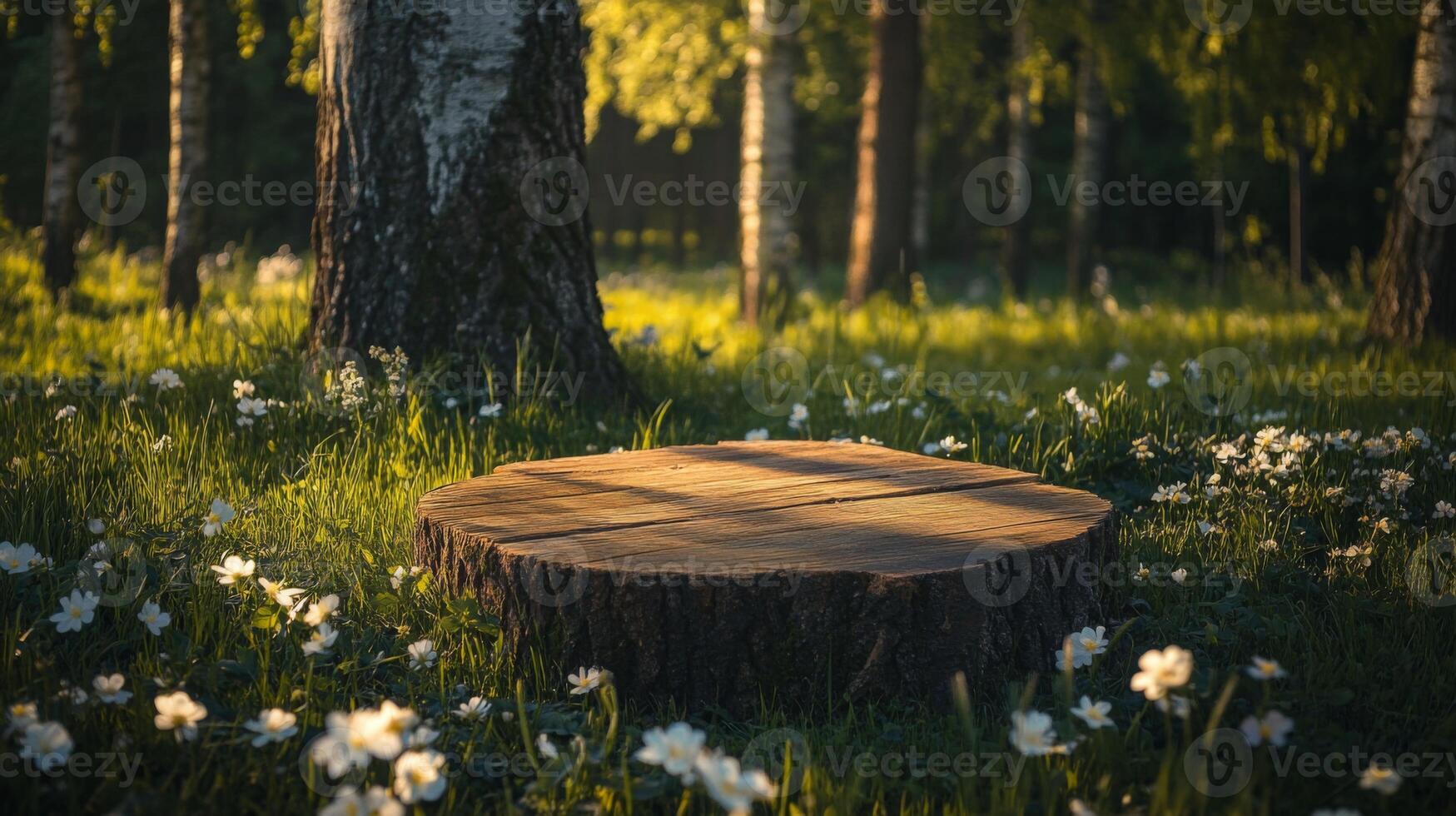 A circular wooden podium rests on green grass in a vibrant spring forest. photo