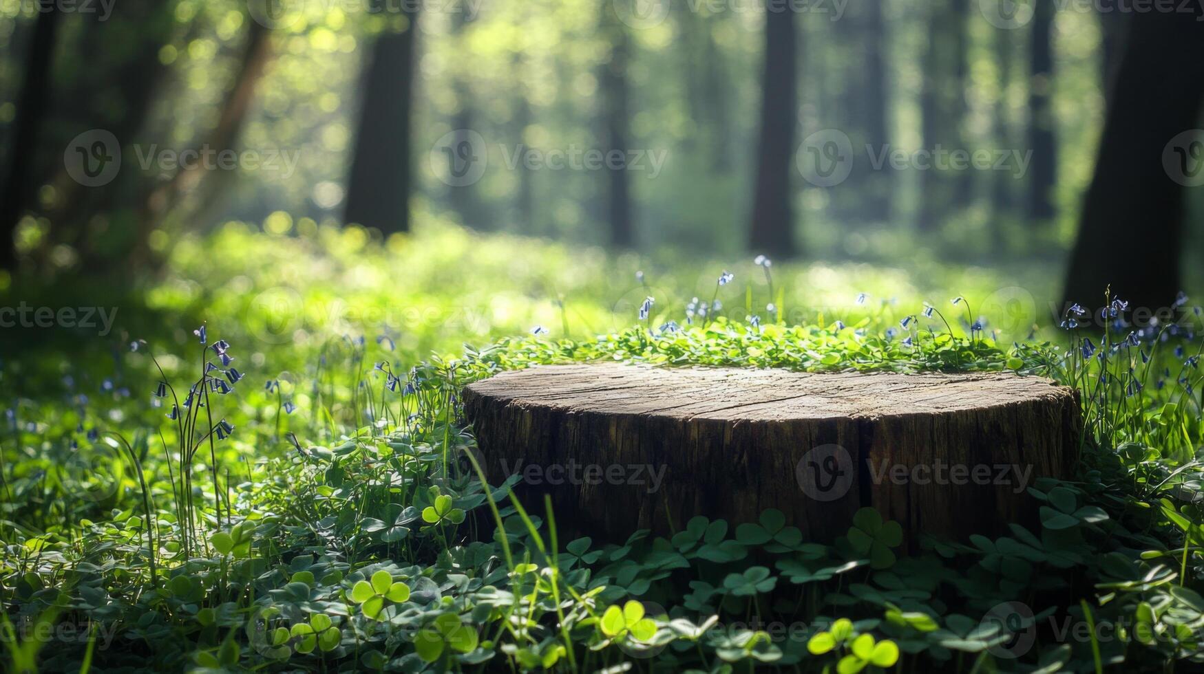 A wooden podium made from a cut tree stump sits in a vibrant forest clearing. photo