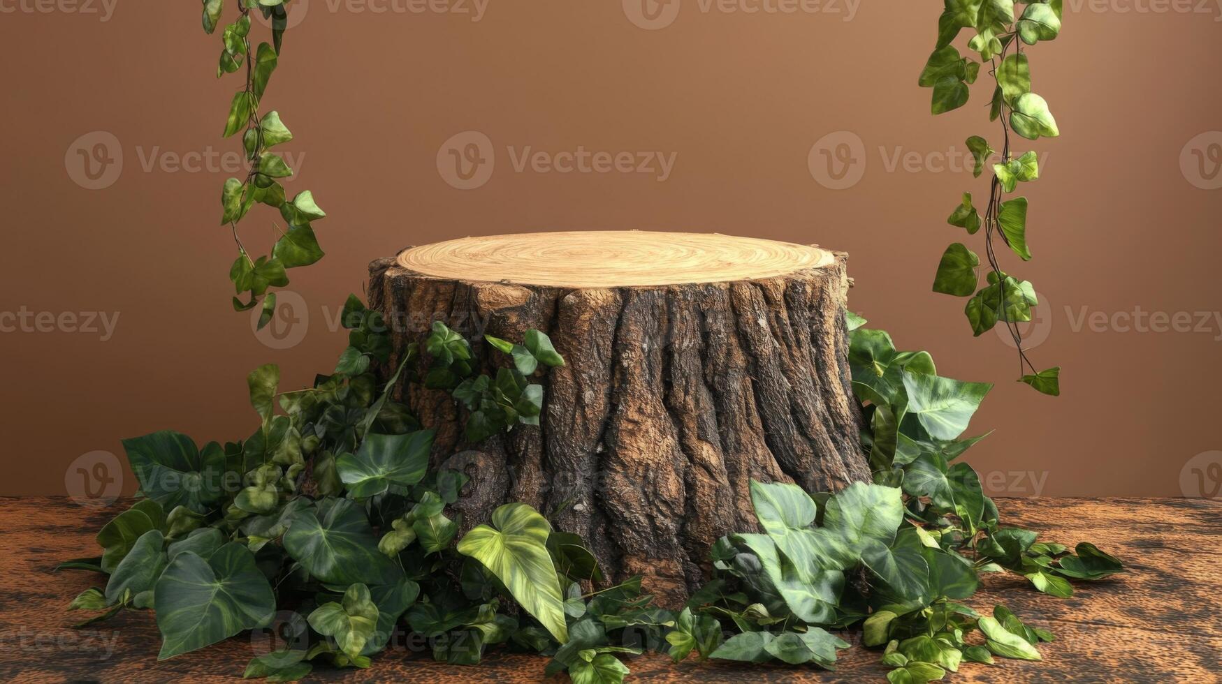 A wooden podium made from a tree stump is adorned with vibrant green ivy and foliage. The setting reflects a fresh spring atmosphere, ideal for showcasing nature-themed presentations or events. photo