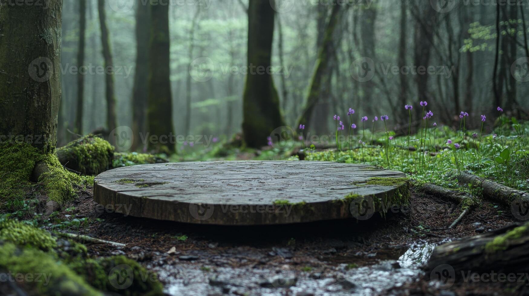 A circular podium rests on the forest floor, partially covered in moss, amidst tall trees and delicate flowers. The serene atmosphere captures the beauty of spring in this quiet woodland space. photo