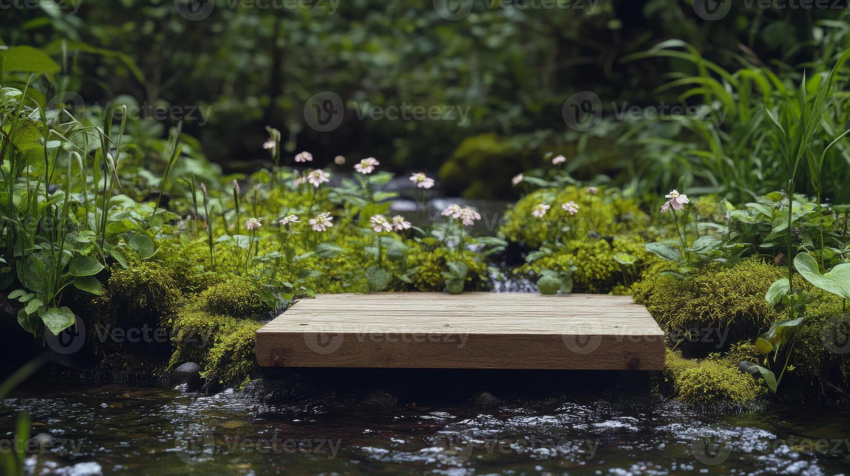 A wooden podium sits amid vibrant green foliage and delicate flowers during spring. Water gently flows around the podium, creating a peaceful and tranquil natural environment. photo