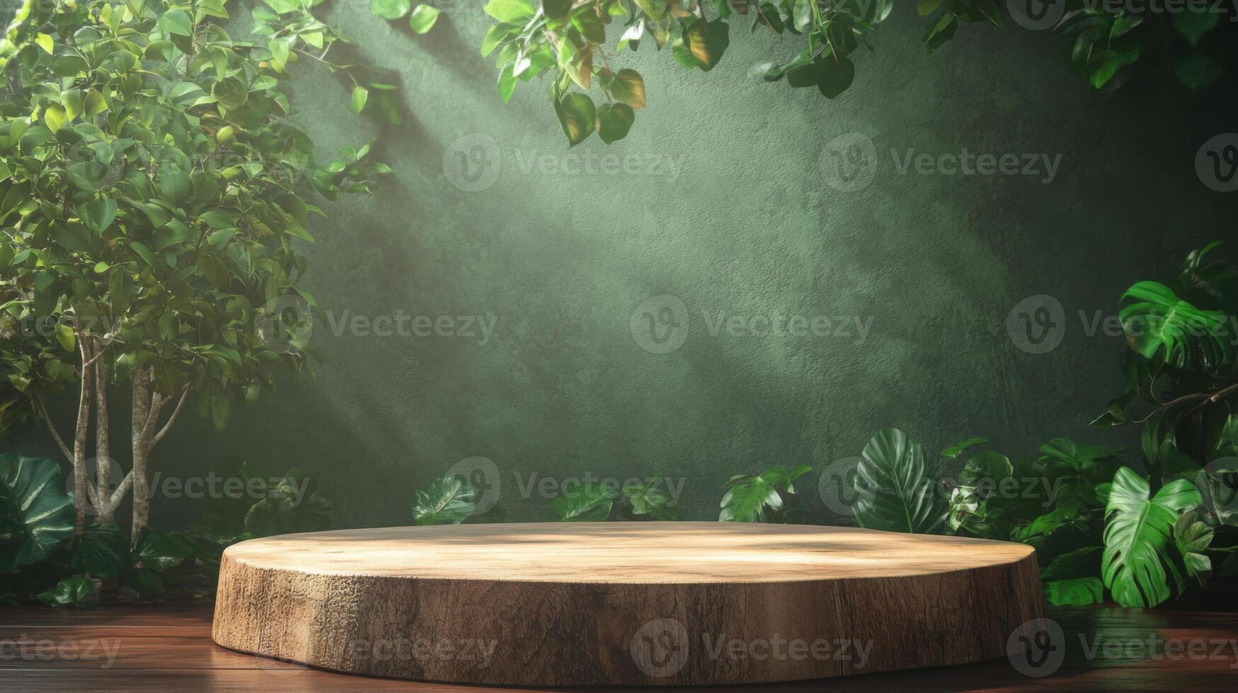 A circular wooden podium is positioned in a tranquil setting, embraced by vibrant foliage. photo