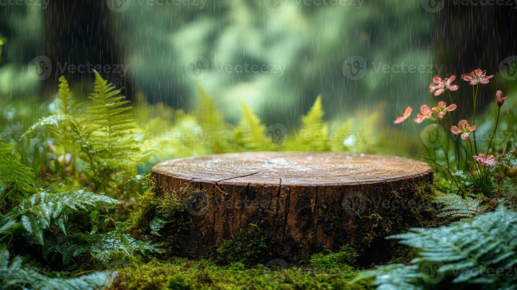 A natural podium made of a tree stump stands in a lush spring forest, surrounded by vibrant green ferns and delicate flowers. Soft rain falls gently, enhancing the serene atmosphere. photo
