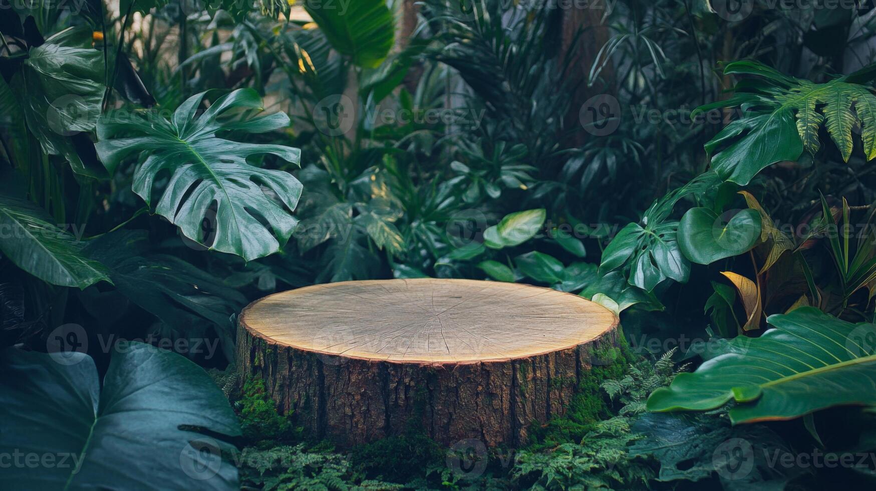 A circular wooden podium rests on the forest floor, surrounded by a rich tapestry of green plants and ferns. The vibrant atmosphere reflects a peaceful spring day in a lush, natural setting. photo