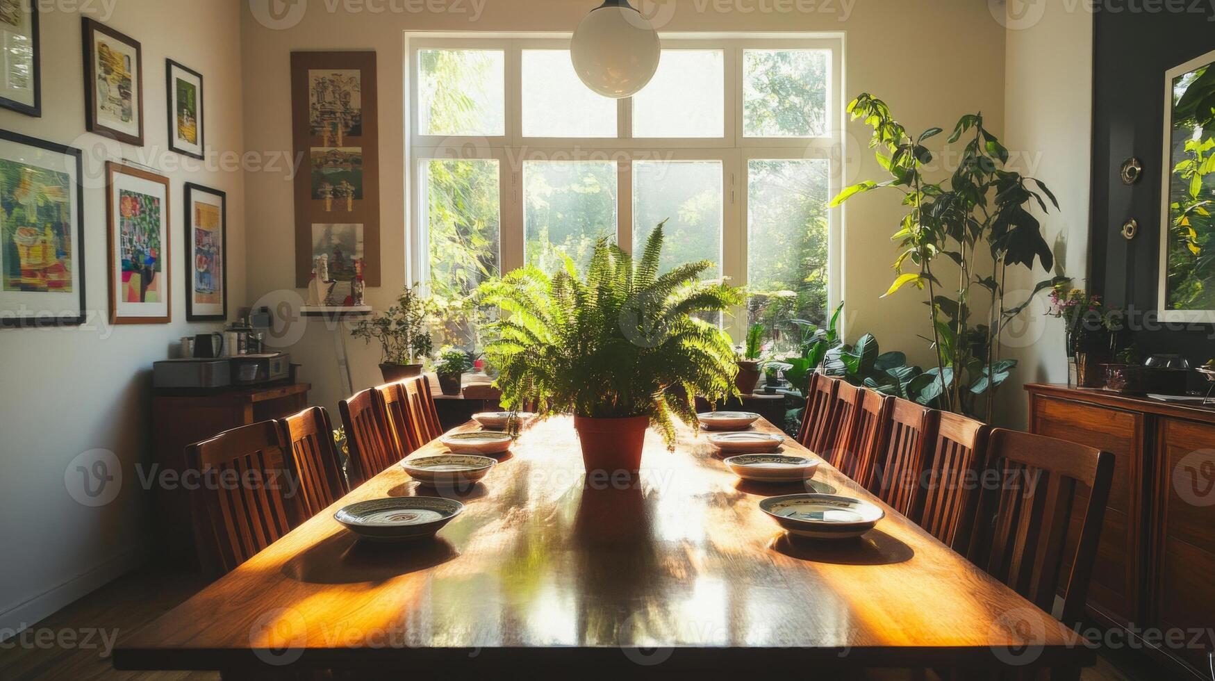 A spacious dining room is bathed in natural light, showcasing a large wooden table surrounded by chairs. A vibrant fern centerpiece enhances the inviting atmosphere, perfect for spring cleaning. photo