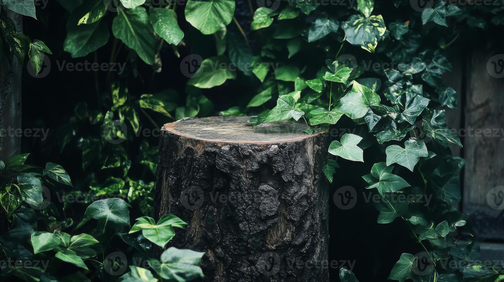 A wooden podium stands amidst vibrant green ivy, showcasing AI innovations. The setting is serene, emphasizing the intersection of nature and technology in a spring ambiance. photo