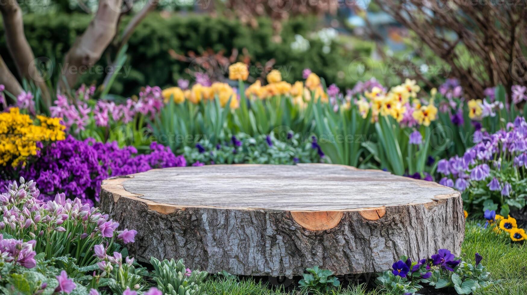 A tree stump serves as a natural podium in a blooming garden filled with colorful flowers. The vibrant display features purple, yellow, and white blossoms, showcasing the beauty of spring. photo