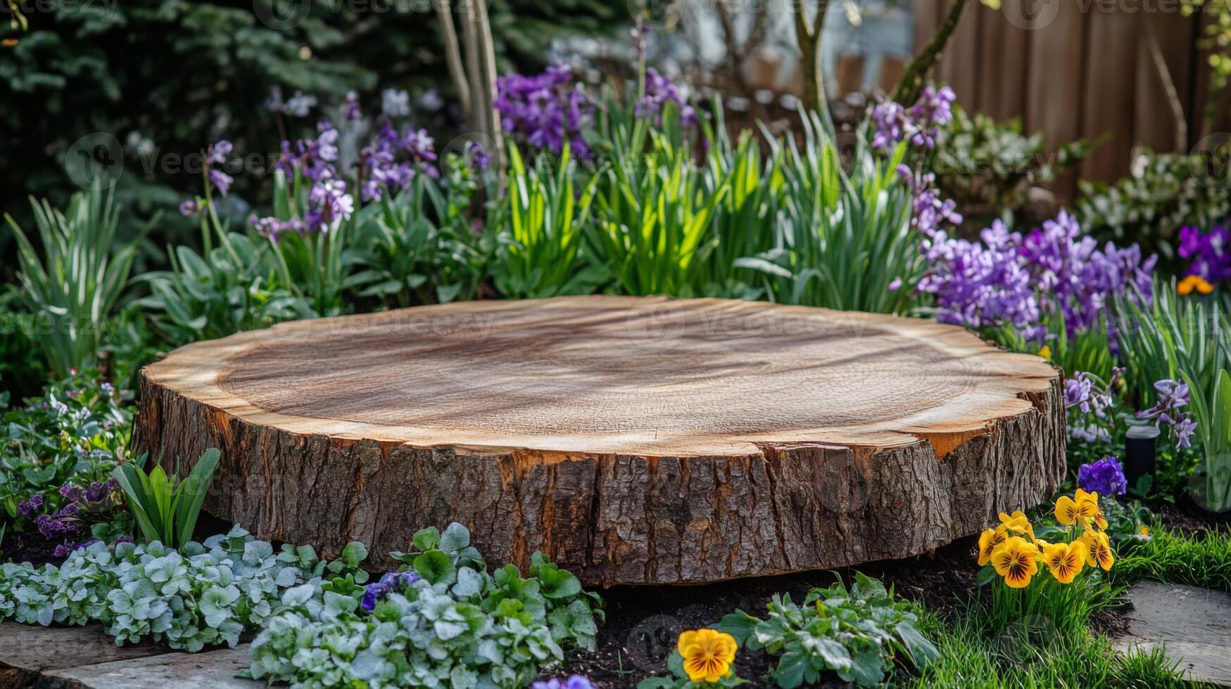 A wooden podium made from a large tree stump is set in a beautiful garden adorned with colorful spring flowers. Purple irises and yellow pansies enhance the natural spring ambiance. photo