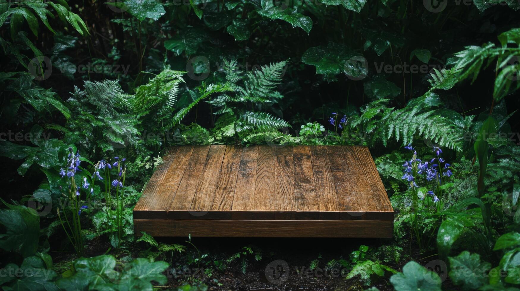 A wooden podium is nestled among lush green ferns and colorful spring flowers. The vibrant greenery creates a serene environment perfect for presentations or gatherings in nature. photo