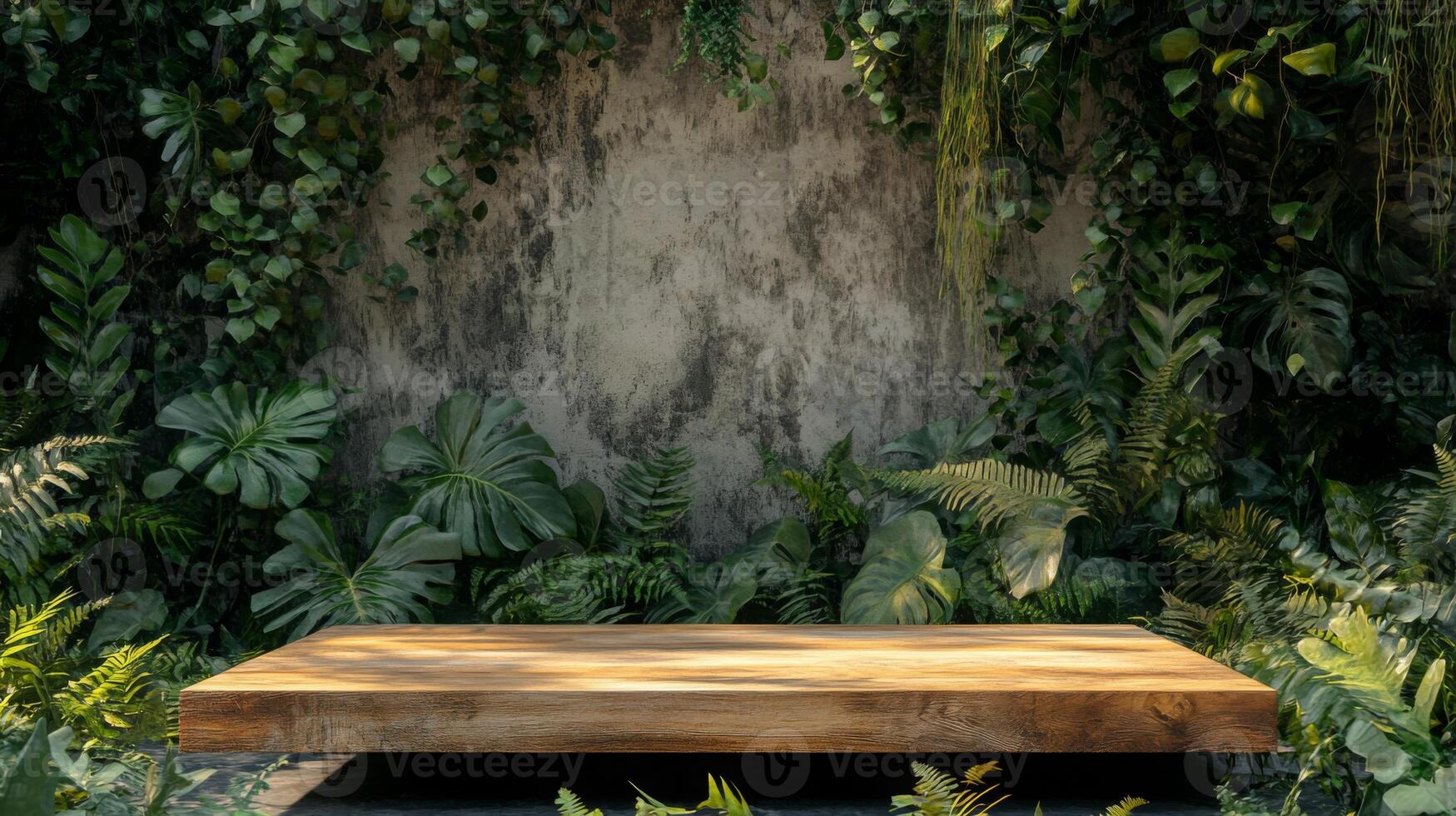 In a vibrant spring setting, a wooden podium stands prominently against a backdrop of lush green foliage. photo