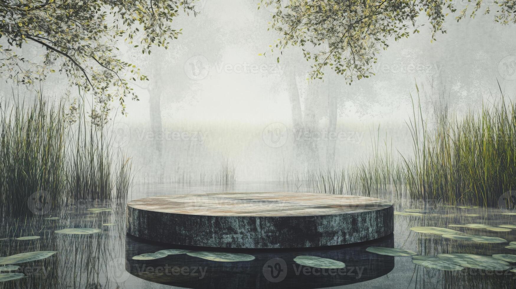 A serene podium rests on still water, enveloped by a mist-filled spring atmosphere. Lush greenery and gentle ripples create a tranquil setting, inviting reflection and inspiration. photo