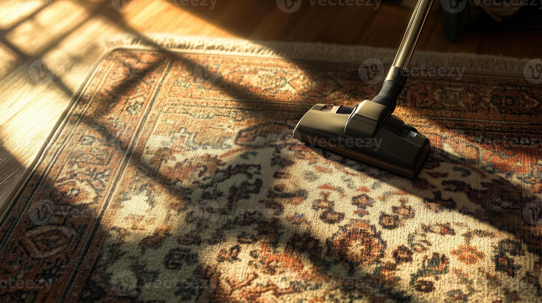 A vacuum cleaner glides over an ornate rug in a warmly lit room during spring cleaning. photo