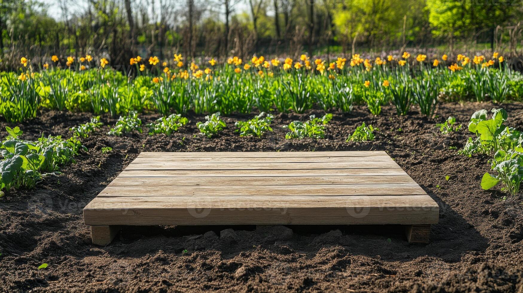 A wooden podium stands in the middle of a lush garden, surrounded by blooming daffodils and green plants. This vibrant spring setting captures the essence of nature coming to life. photo