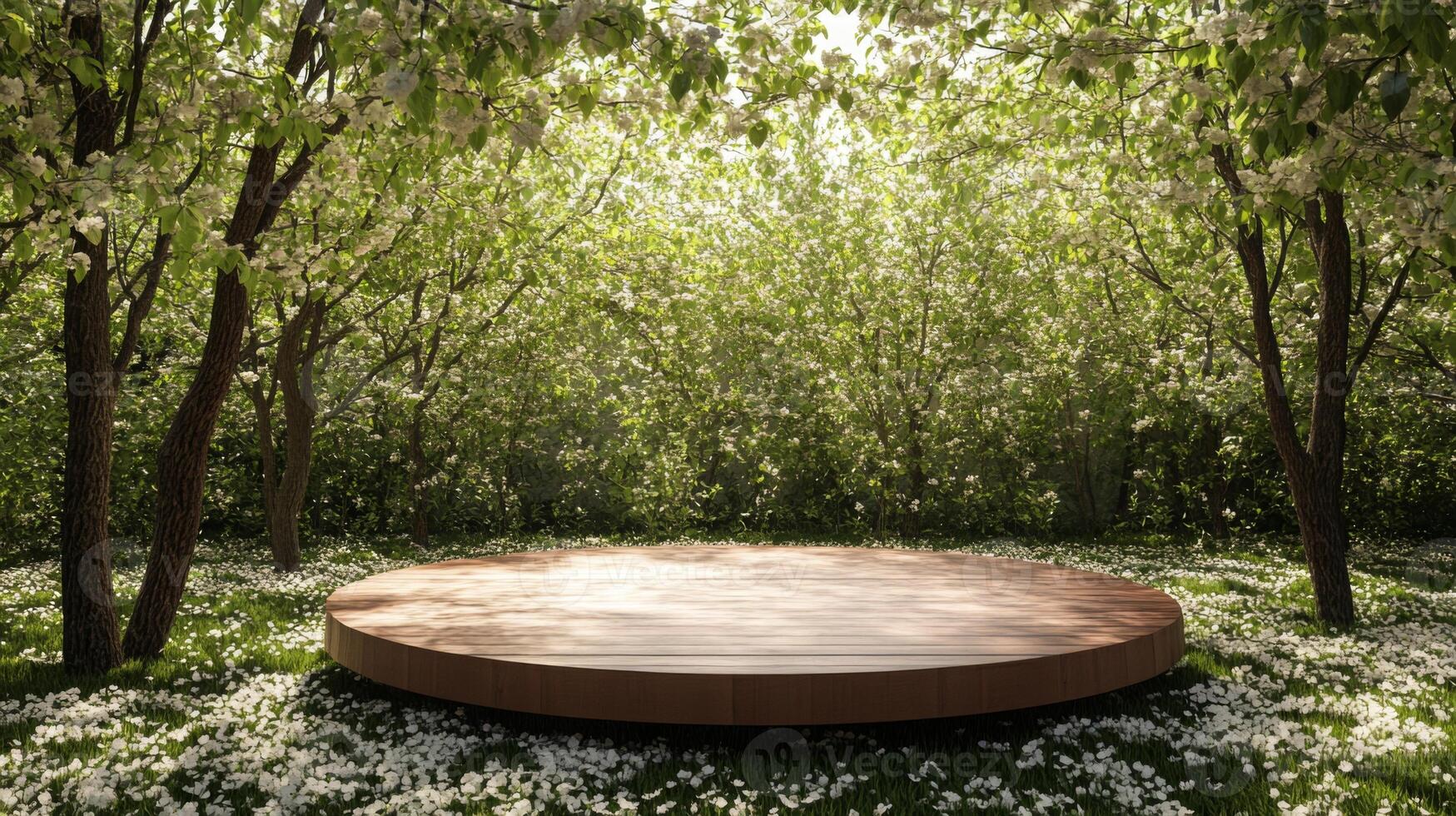 In a serene spring landscape, a circular wooden podium is positioned among vibrant blooming trees. Sunlight filters through the leaves, creating a tranquil atmosphere perfect for gatherings. photo