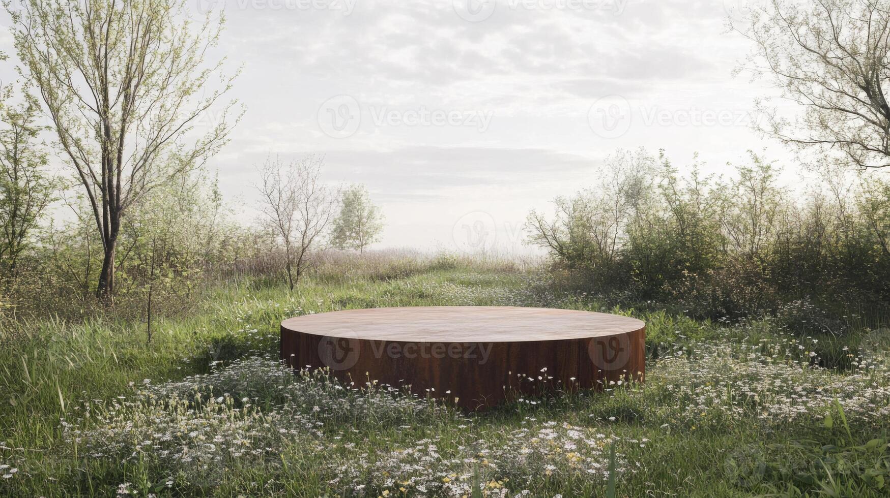A wooden podium stands prominently in a lush green field adorned with blooming wildflowers. The peaceful spring atmosphere is enhanced by gentle sunlight filtering through the trees. photo