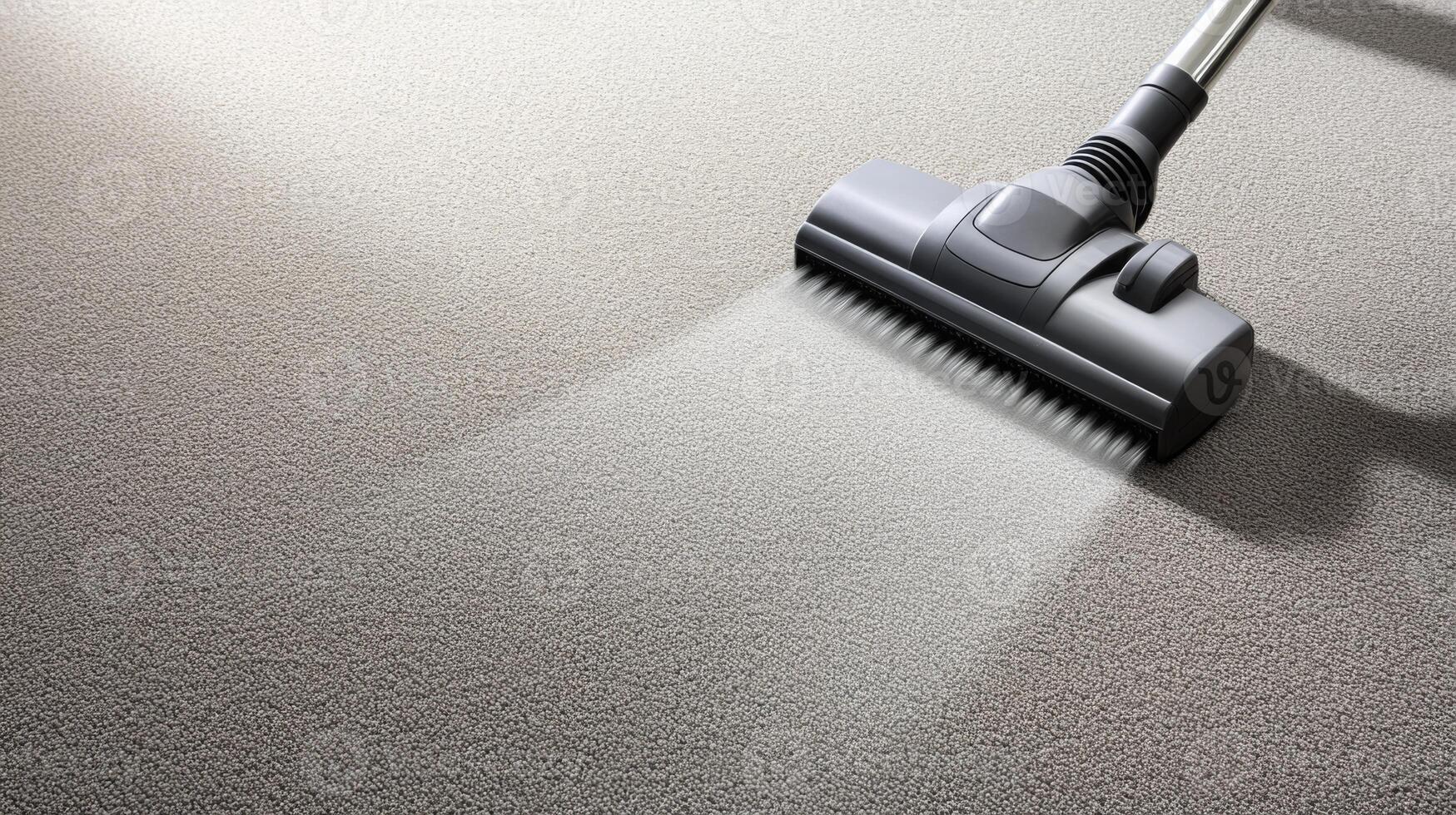 A vacuum cleaner glides across a light-colored carpet, efficiently removing dust and debris. Sunlight filters in, enhancing the clean and fresh atmosphere, ideal for spring cleaning activities. photo