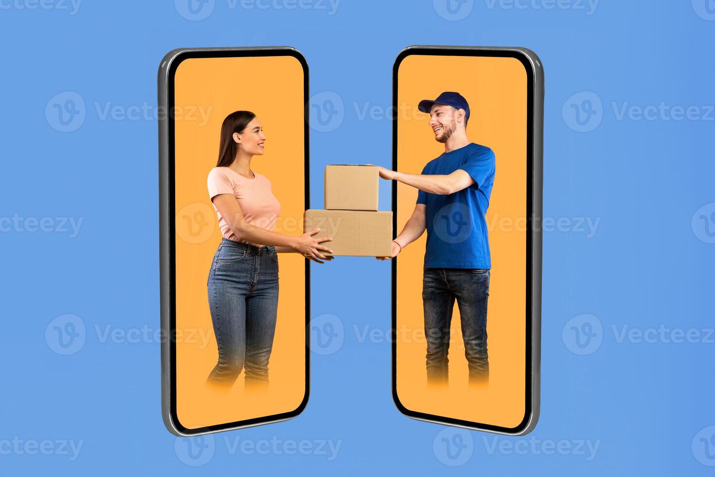 Male Courier And Female Customer On Big Smartphone Screens Giving And Receiving Cardboard Boxes Posing On Yellow Studio Background. Delivery Application Concept. Square, Collage photo