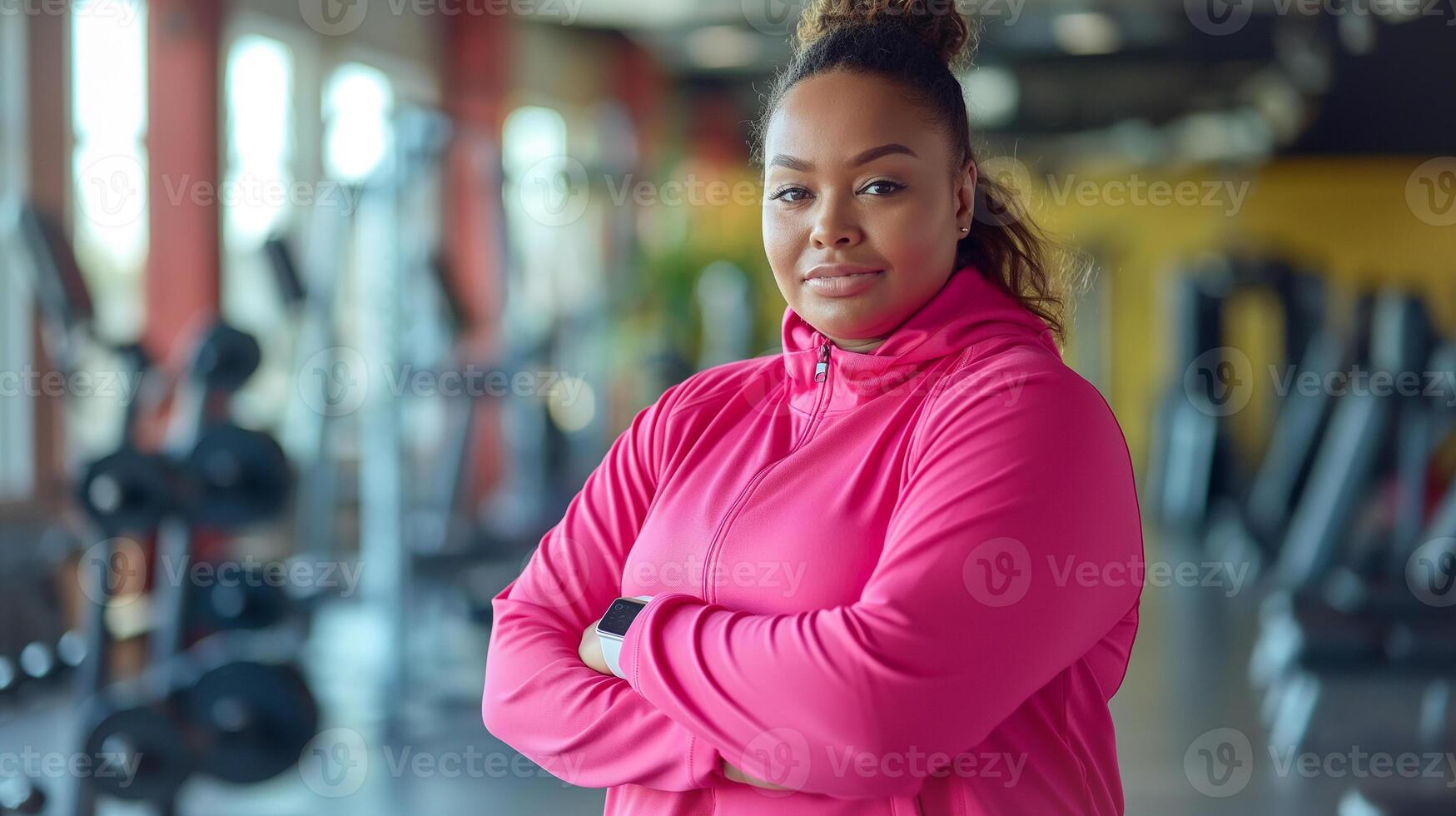 This Woman in pink workout attire stands confidently in a gym, promoting a positive body image. photo