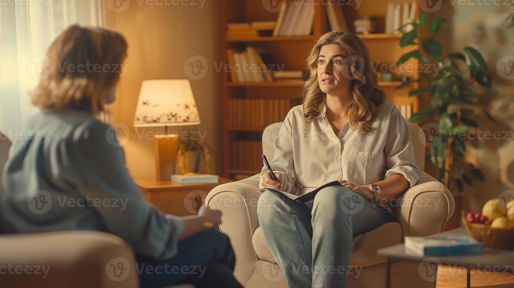 This psychologist listens attentively as a patient shares thoughts in an inviting, warm environment. photo