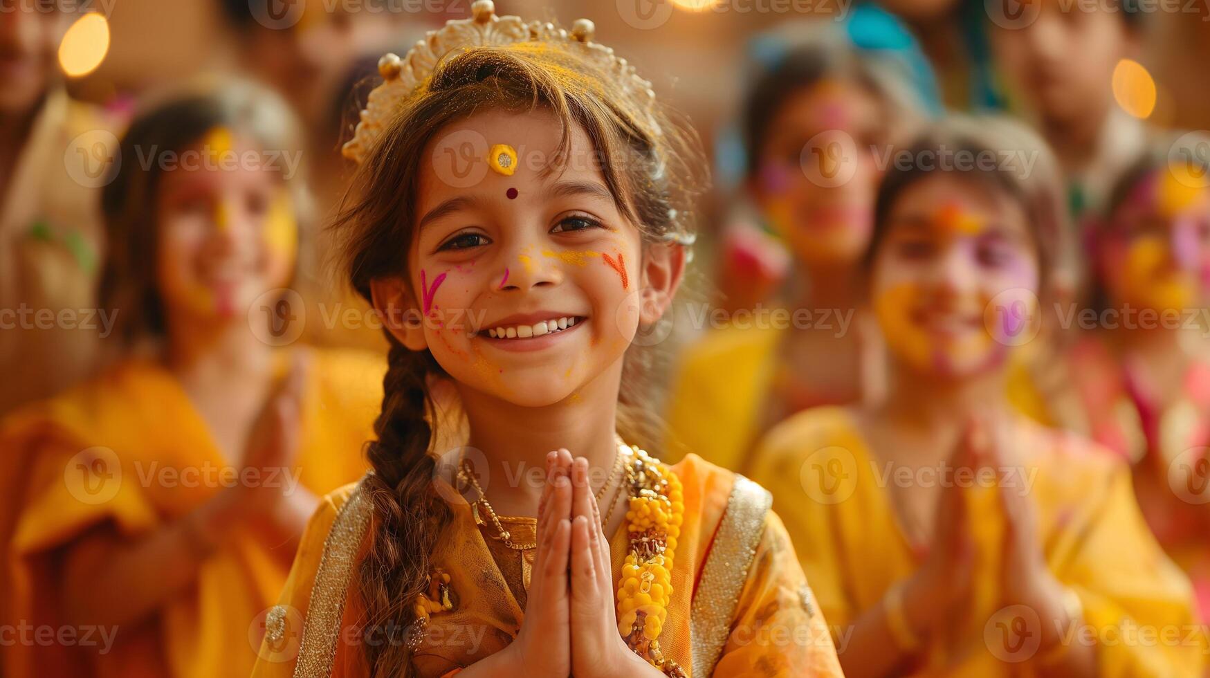 This Children dressed in vibrant attire joyfully celebrate Holi with colors and traditional rituals. photo