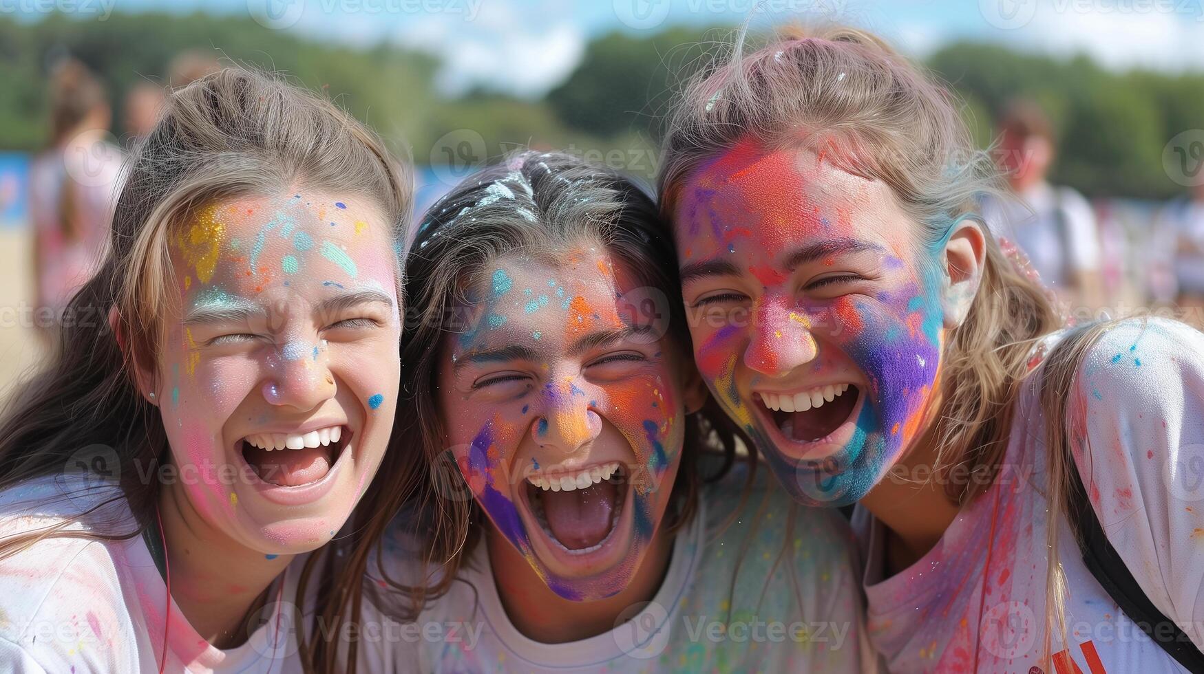 This Friends joyfully celebrate Holi, smiling and covered in colorful powders against a lively backdrop. photo