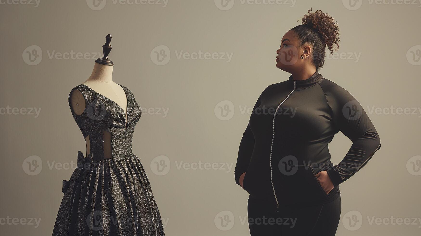 This woman observes a fashionable black dress displayed on a mannequin, showcasing body positivity. photo
