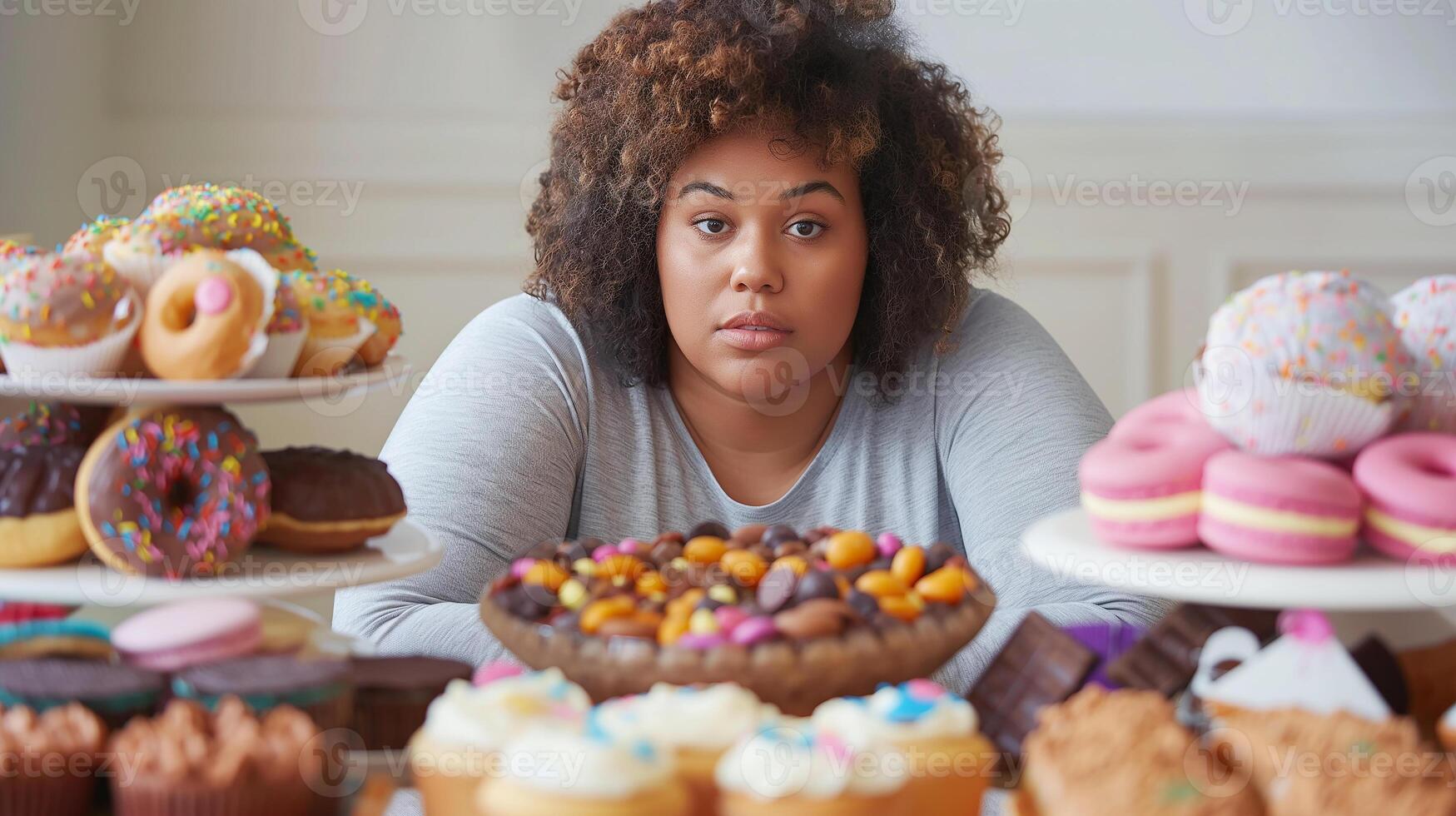 This Individual appears deep in thought while surrounded by a variety of cakes and pastries. photo