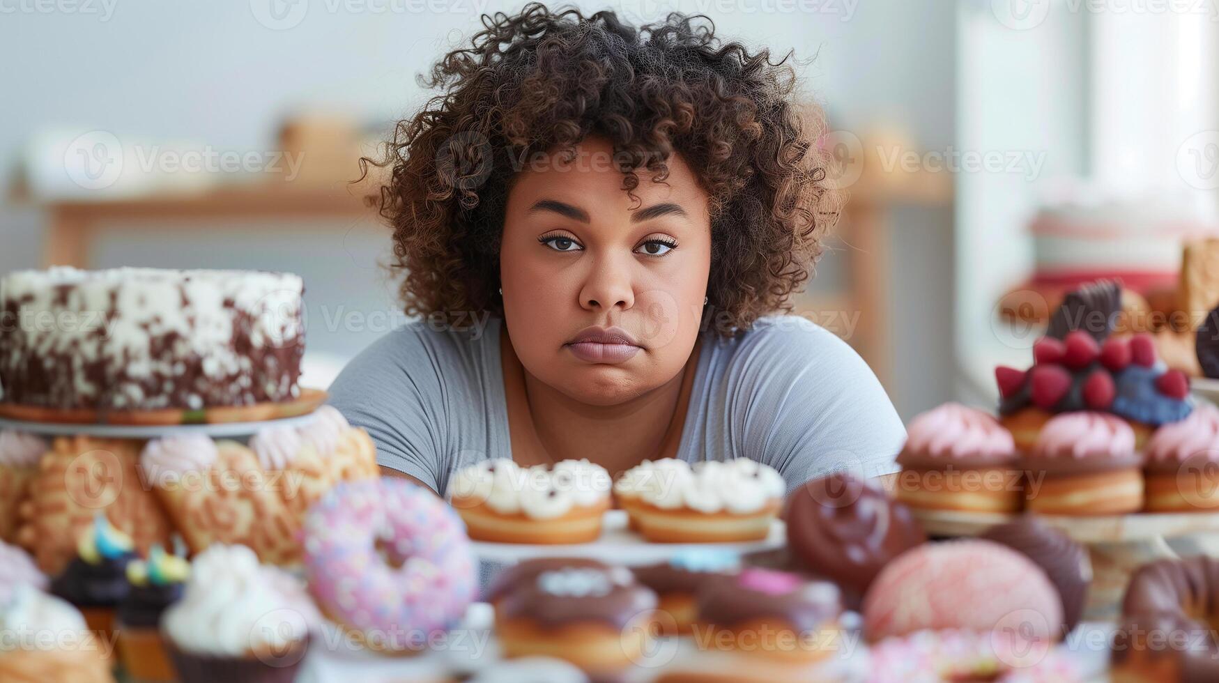 This woman looks pensive and overwhelmed by the array of desserts around her at a cafe. photo