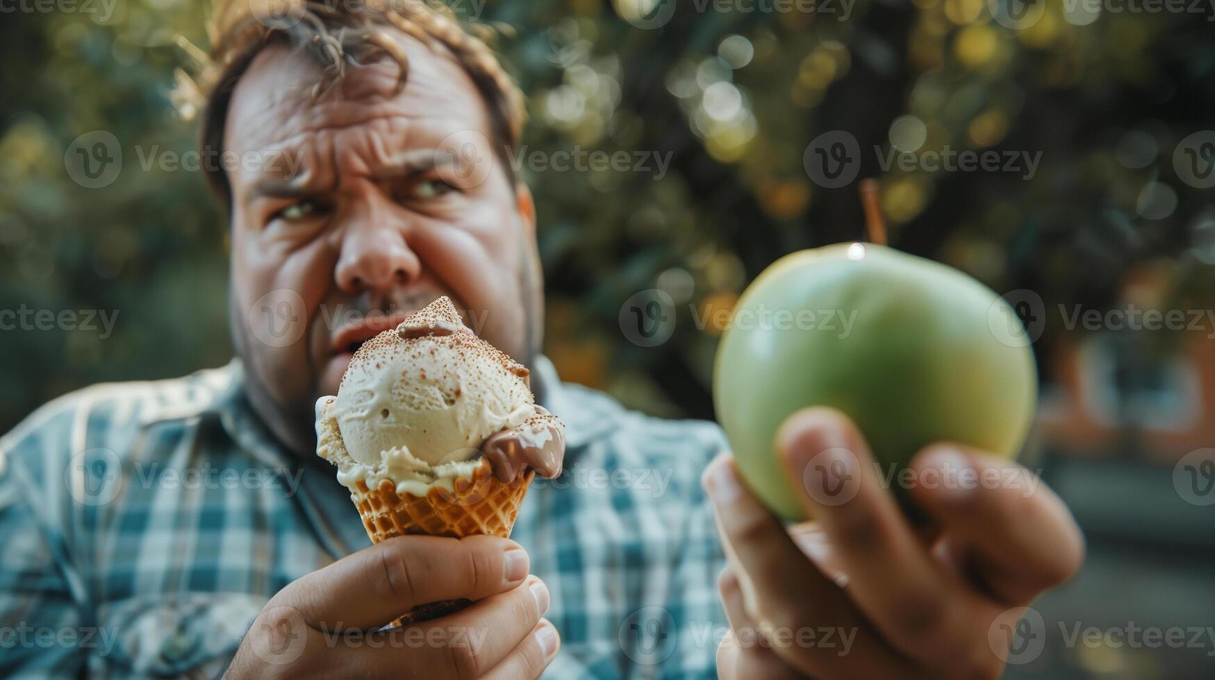 This man looks frustrated while deciding between ice cream and an apple outdoors. photo