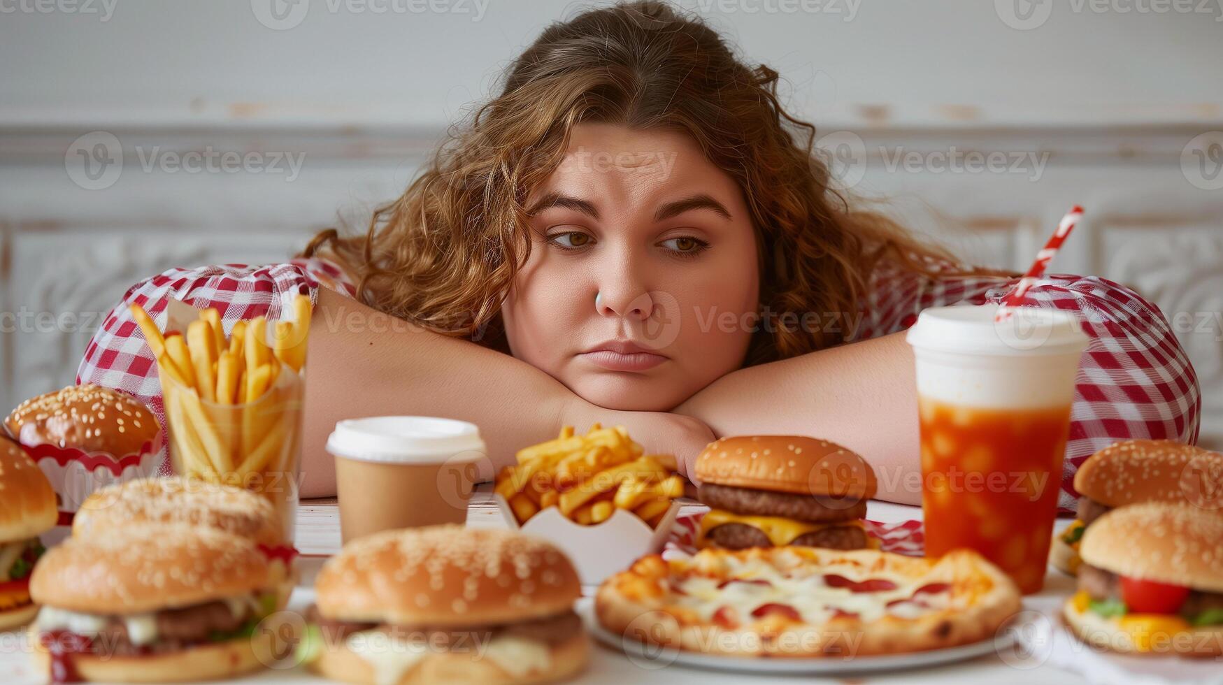 This woman leans on the table, fixated on an assortment of burgers, fries, and drinks. photo