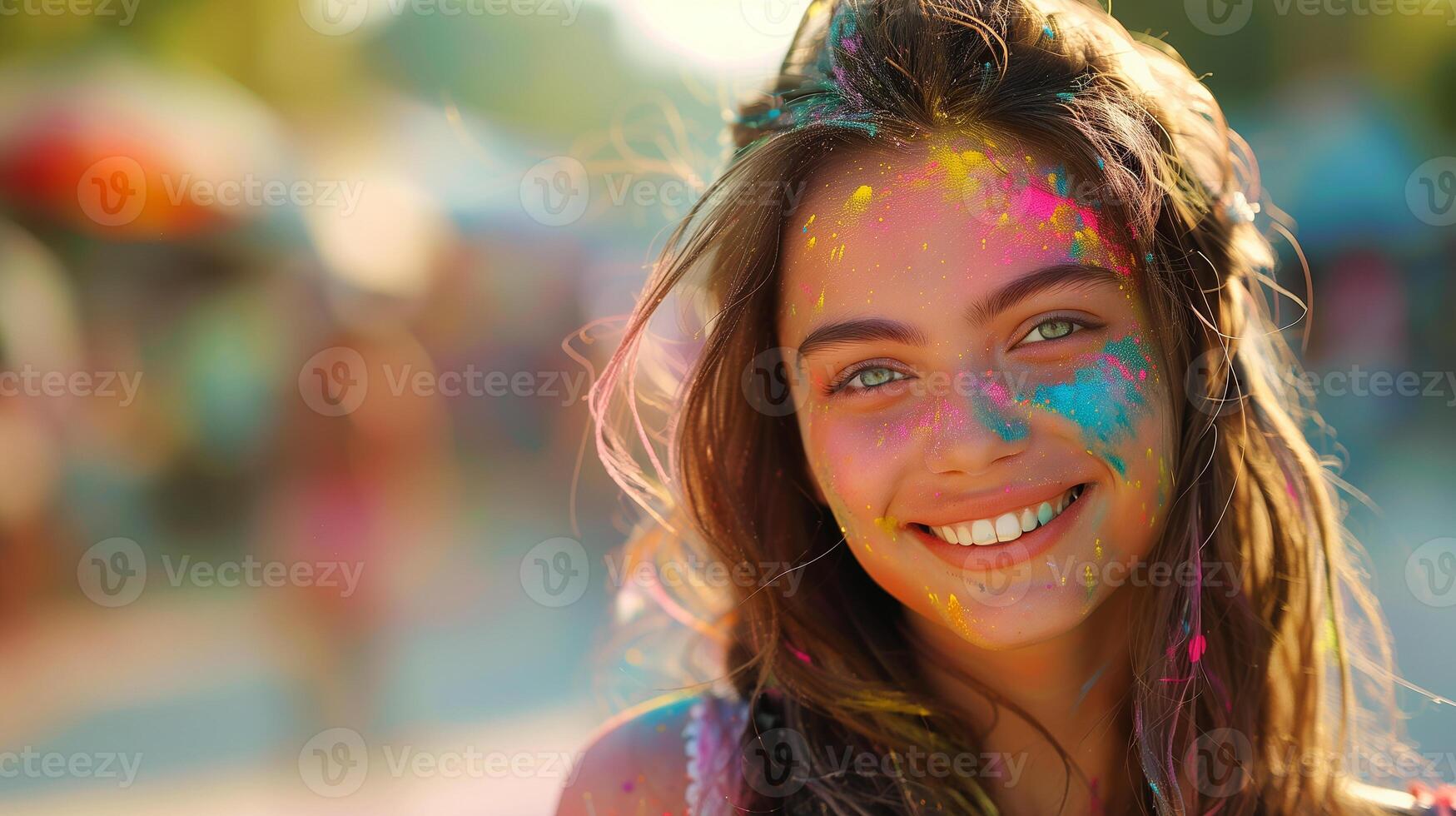This Joyful Holi celebration with colorful powders in a warm, sunny gathering. photo