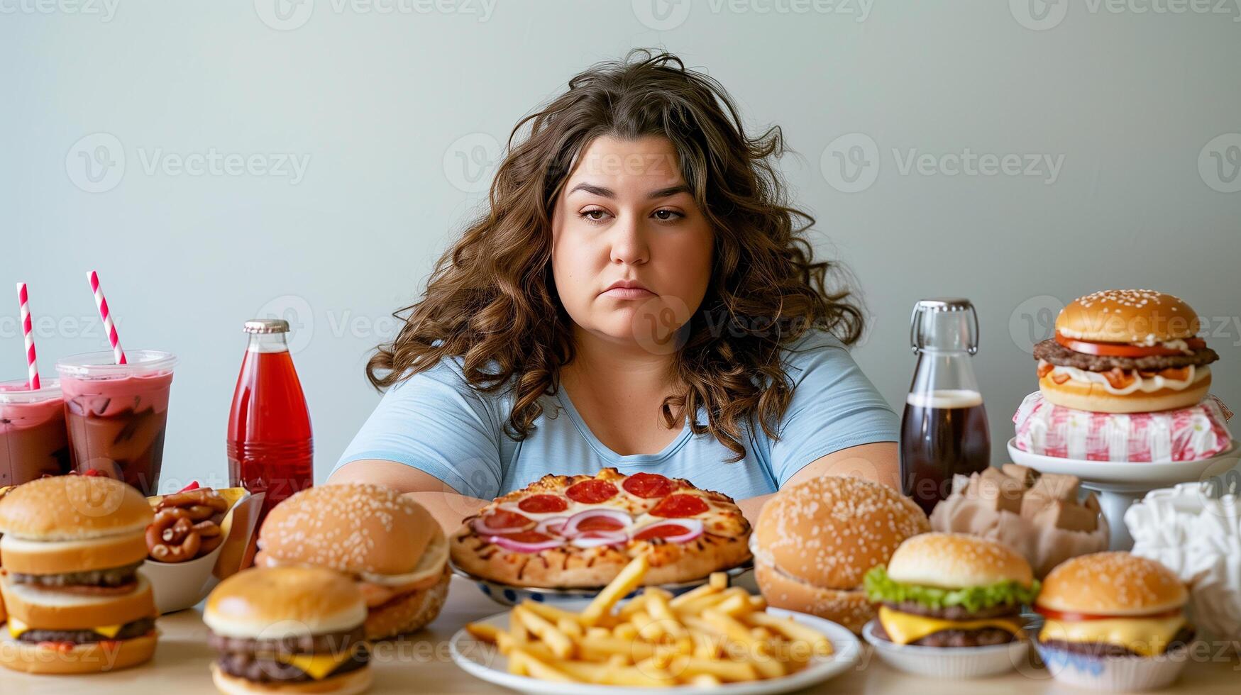 This person stares at an array of fast food, reflecting on choices amidst gluttony and temptation. photo